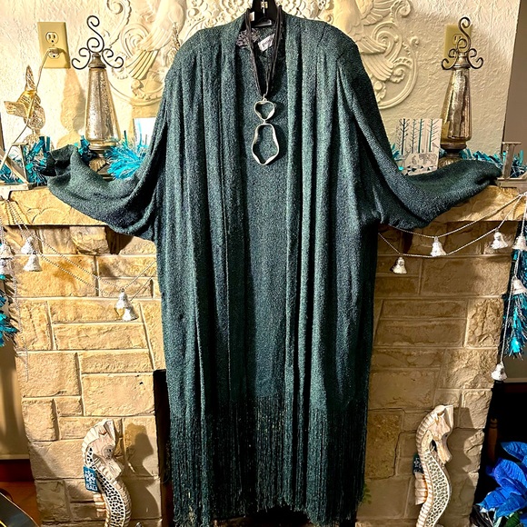 Vintage 2 pc pinache green fringe hand woven rayon dress and duster set - Picture 2 of 15